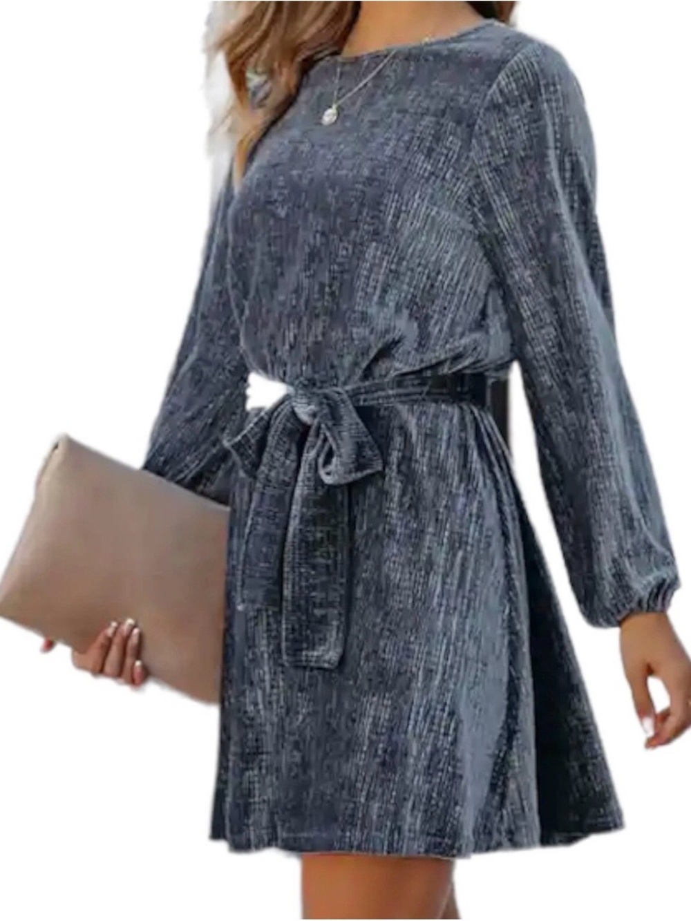 Vici Gray Harley velvet long sleeve tie waist mini dress size S